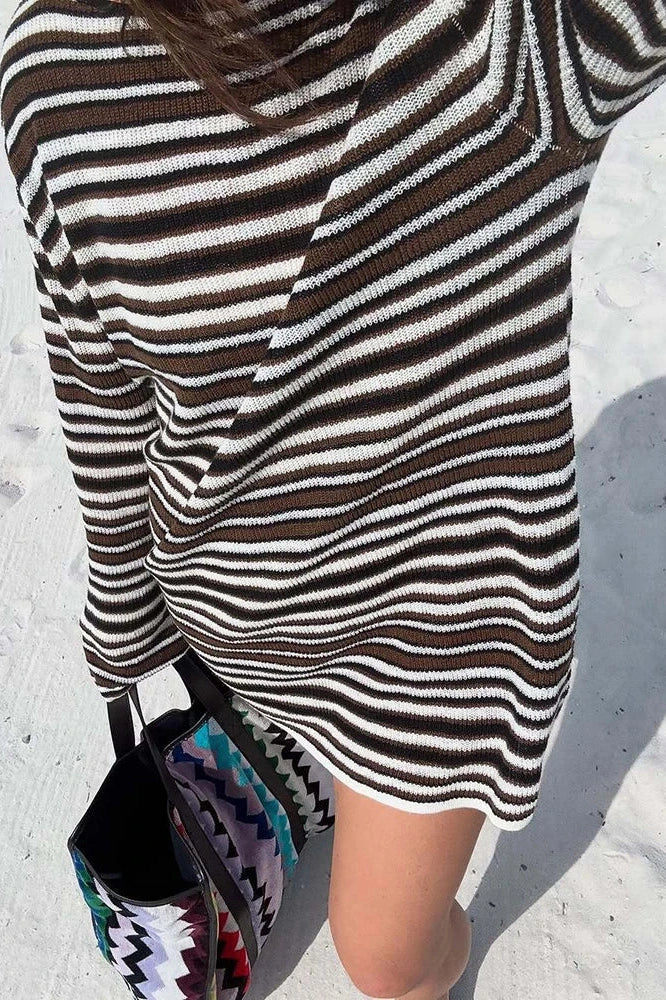 Stripe Knitted Backless Loose Long Sleeve Mini Dress