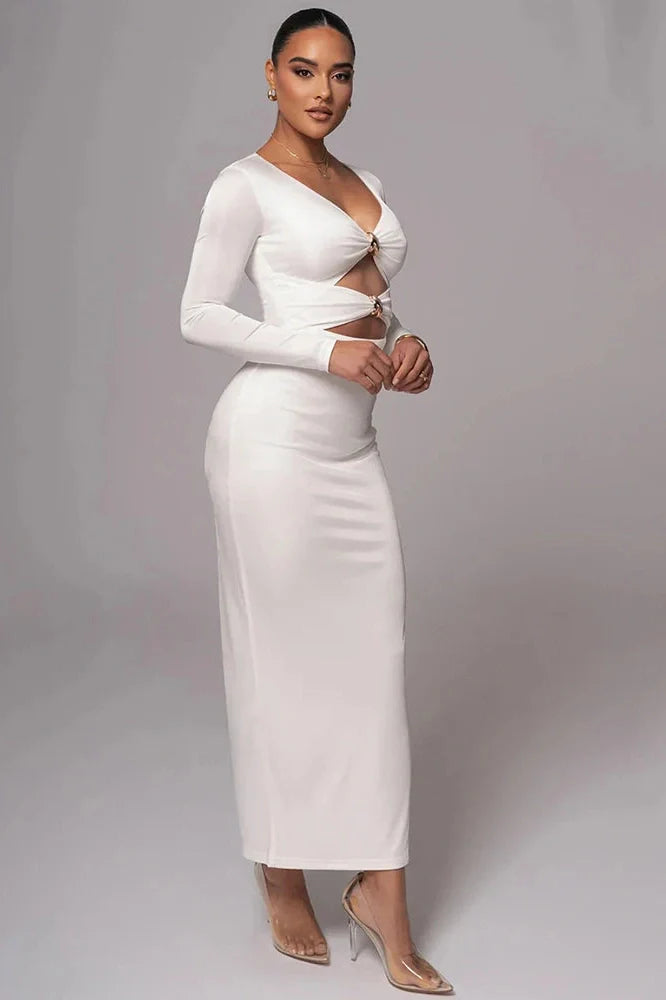 Long Sleeve V Neck Back Split Bodycon Maxi Dress