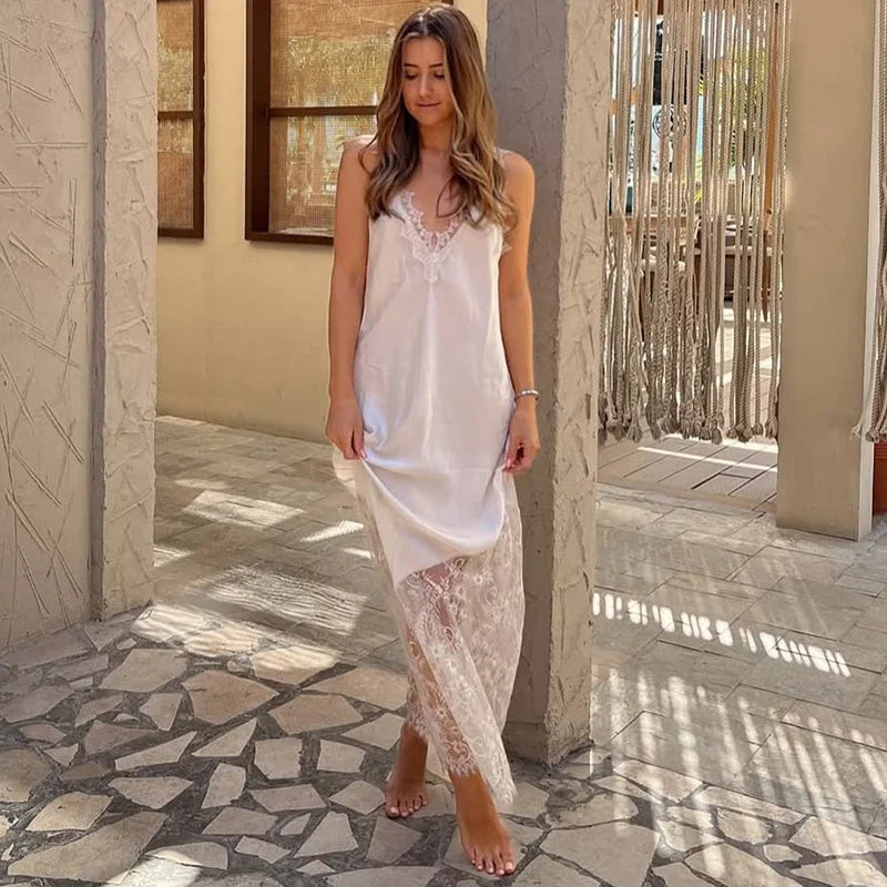 Spaghetti Strap Lace Backless Slim Maxi Dress