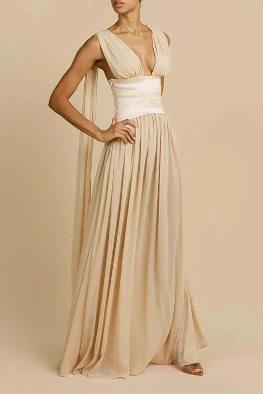 Sleeveless V-Neck High Waist Pleated Maxi Dress