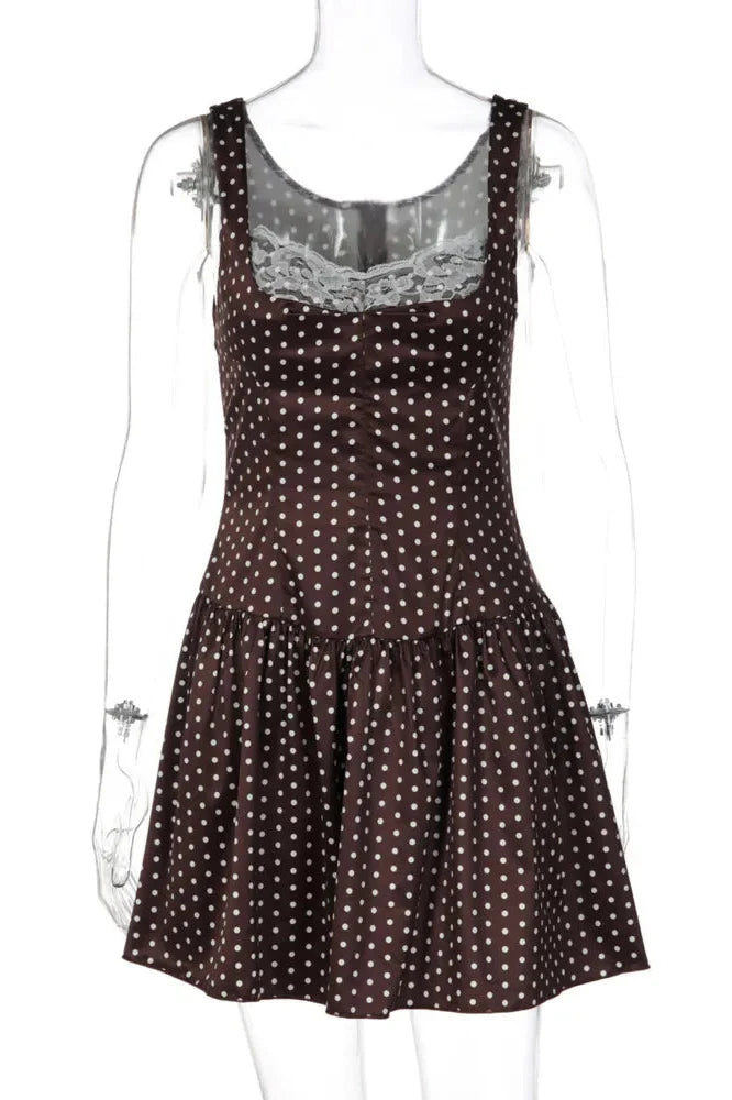 Lace Patchwork Spaghetti Strap Sleeveless High Waist Mini Dress
