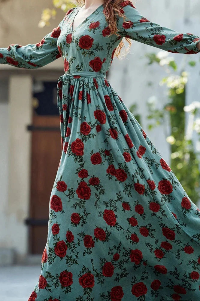 Elegant Long Sleeve Slim Pleated V-Neck Printed Maxi Dress