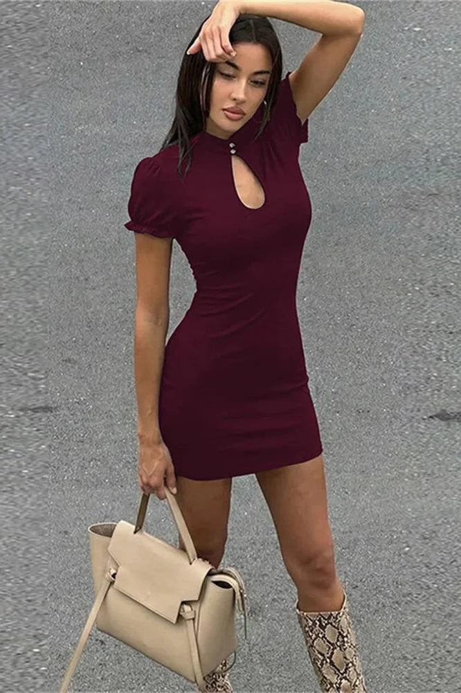 Hollow Out Short Sleeve High Waist Bodycon Mini Dress