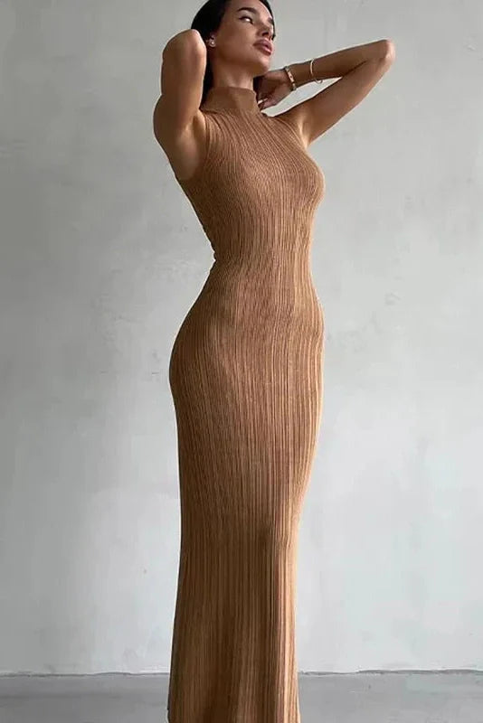 Elegant Knitted Turtleneck Sleeveless Bodycon High Waist Maxi Dress