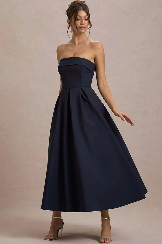 Off-Shoulder Strapless Sleeveless Backless High Waist A-Line Midi Dress