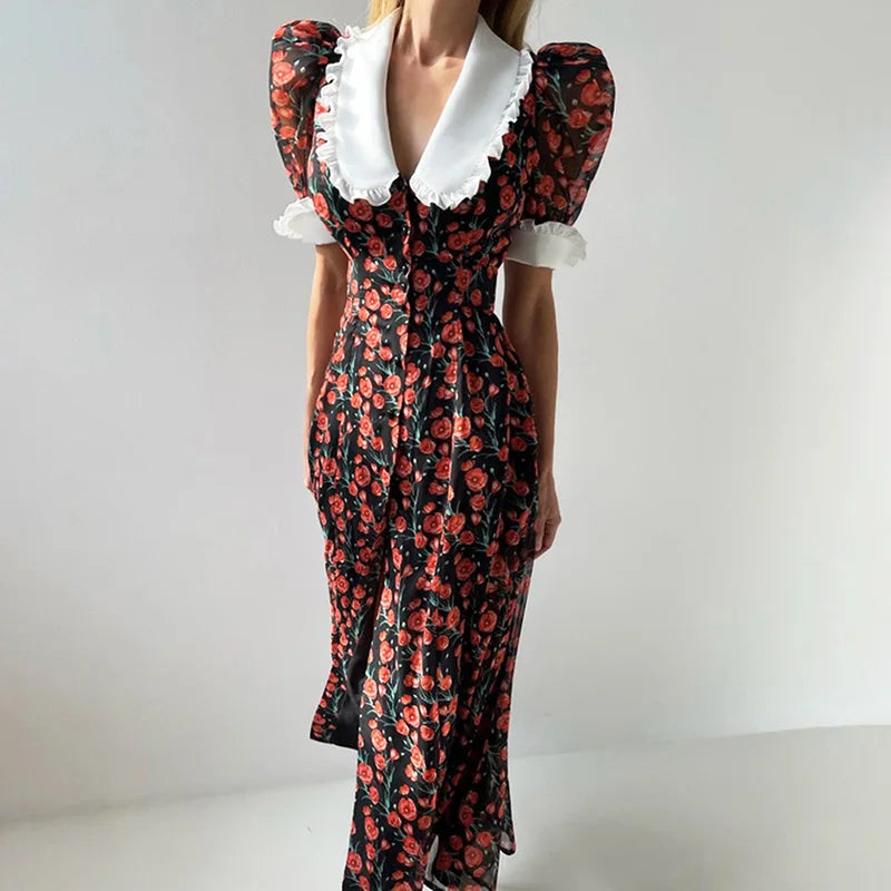 V Neck Printed Split High Waist Maxi Dress