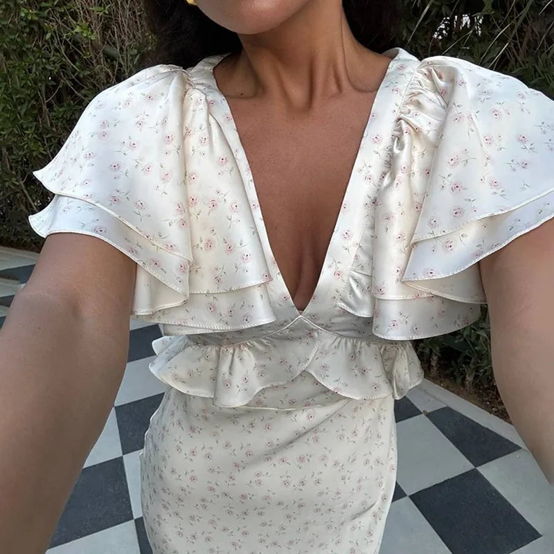 Printed V-Neck Sleeveless High Waisted Maxi Dress