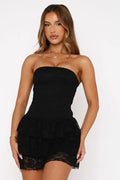 Off-Shoulder Strapless Lace Sleeveless High Waist Pleated Mini Dress