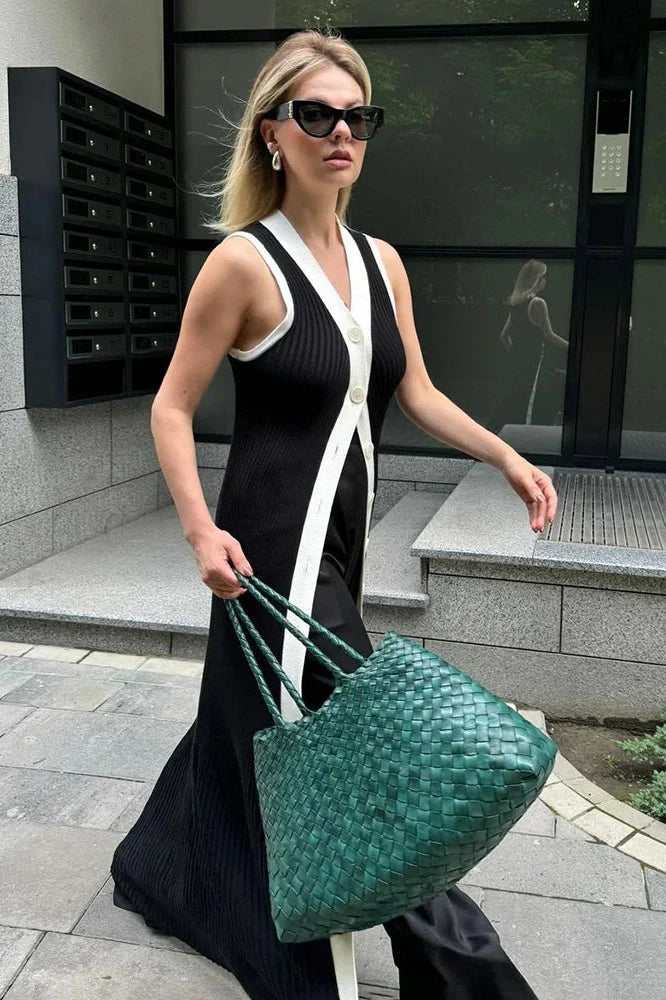 V Neck Sleeveless Single Breasted Knitted Bodycon Maxi Dress
