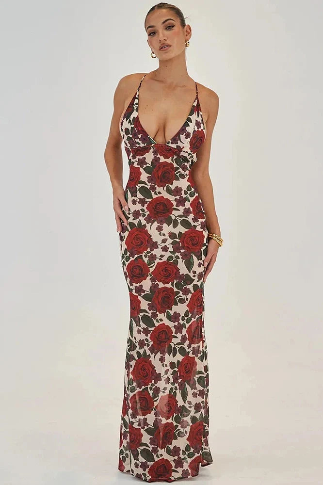Spaghetti Strap Sleeveless Backless Deep V Neck Lace-up Maxi Dress