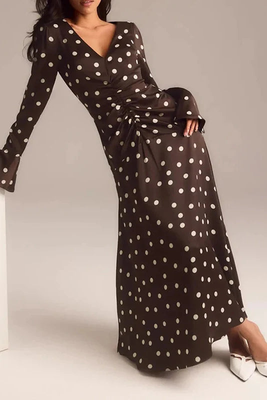 Long Sleeve V-Neck Printed Pleated Maxi Dress
