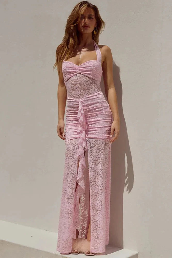 Lace Patchwork Sleeveless Backless Bodycon Maxi Dress