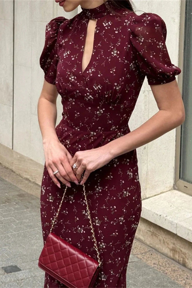 Printed V-Neck Short Sleeve High Waist Maxi Dress