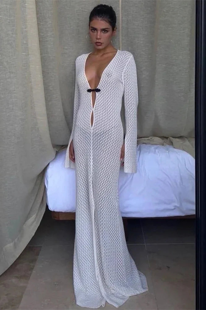 Hollow Out Loose Long Sleeve V-Neck Maxi Dress