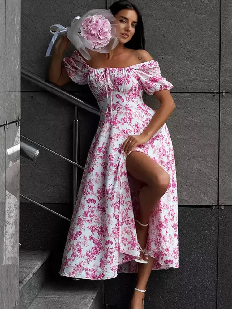 Off Shoulder Lace Up Patchwork Print Maxi Dress