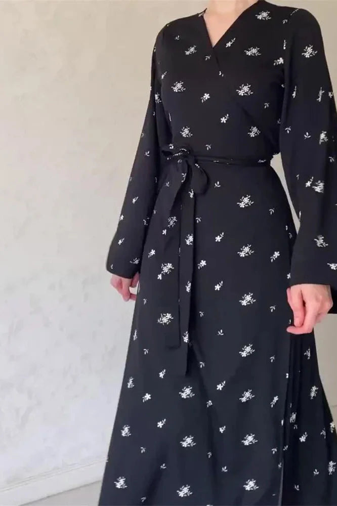 Printed V-Neck Patchwork High Waist Lace-Up Maxi Dress