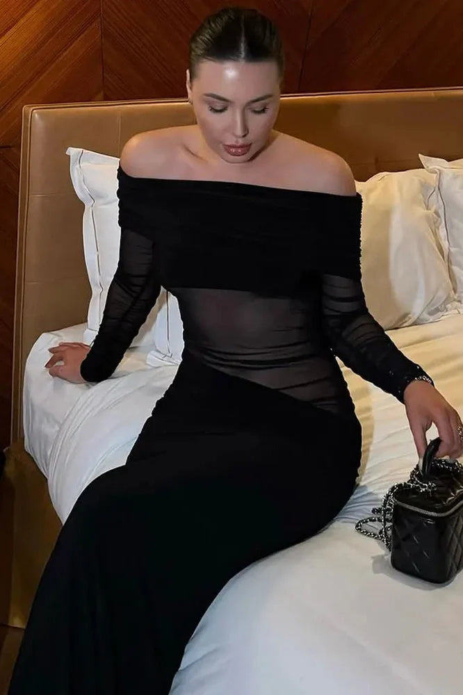 See-Through Patchwork Off-Shoulder Long Sleeve Maxi Dress