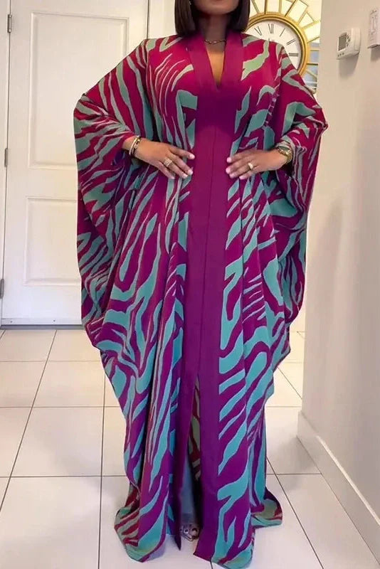Elegant Pleated Sleeves Loose V-Neck Maxi Dress