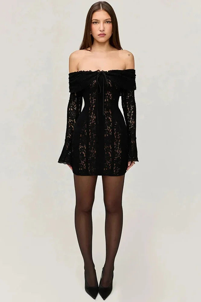 Elegant Lace Flare Sleeve Off-Shoulder Slim Strapless Mini Dress