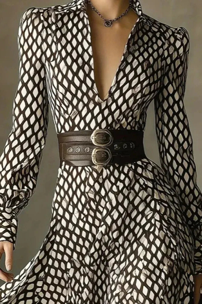 Elegant Pleated High Waist Printed Long Sleeve Midi Dress