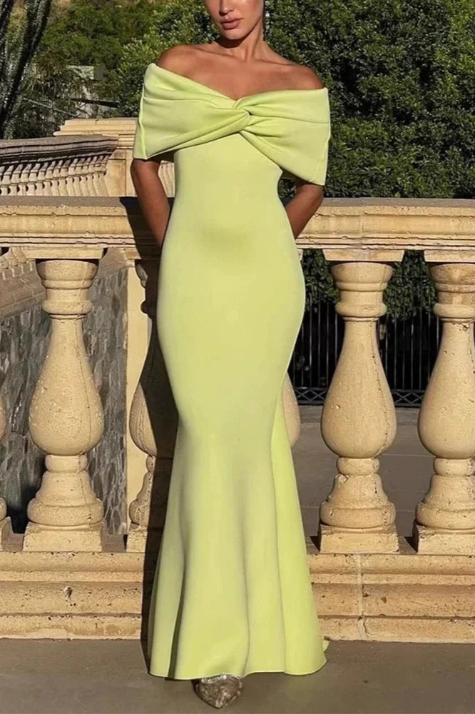 High Waist Off-Shoulder Slim Pleated Maxi Dress