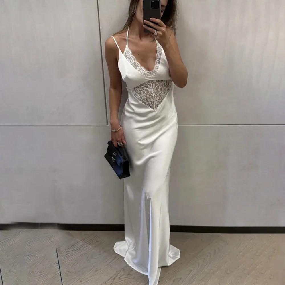 V-Neck Lace Hollow Out Backless Strapless Maxi Dress
