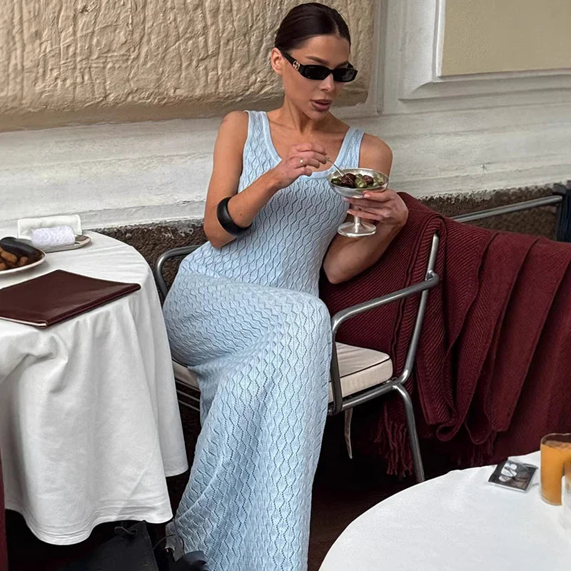 Hollow Knitted Sleeveless Maxi Dress