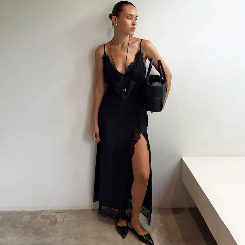 Elegant Lace V-Neck Split Maxi Dress