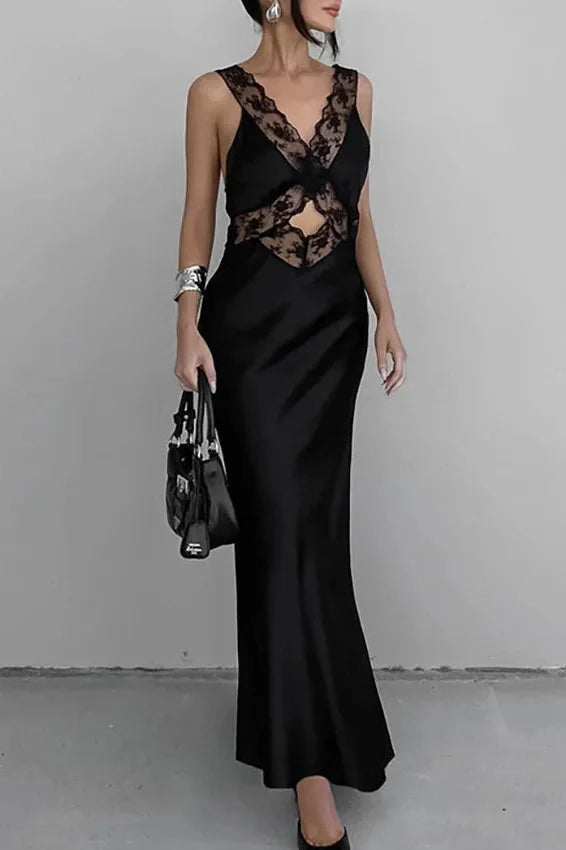 Lace Slim Deep V Neck High Waist Maxi Dress