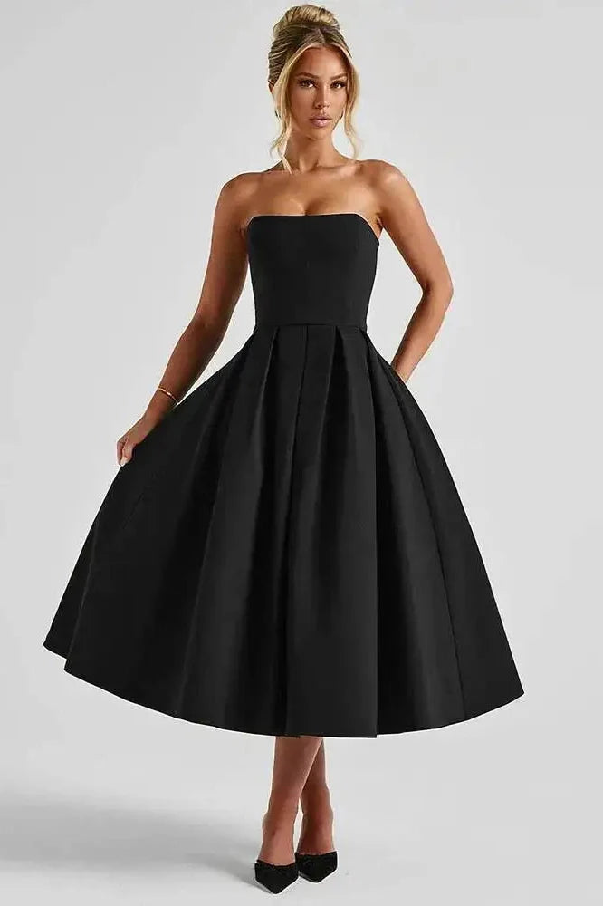 Off-Shoulder Strapless Sleeveless Backless High Waist A-Line Midi Dress