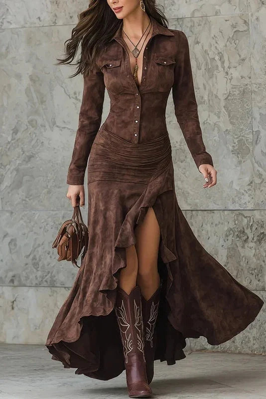 Pleated Split Printed Slim Bodycon High Waist Maxi Dress