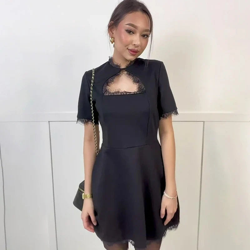 Elegant Hollow Out Patchwork High Waist Mini Dress