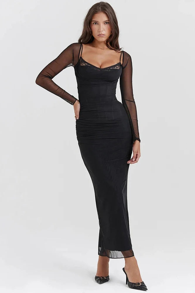 Elegant Long Sleeve Strapless Backless Bodycon Maxi Dress