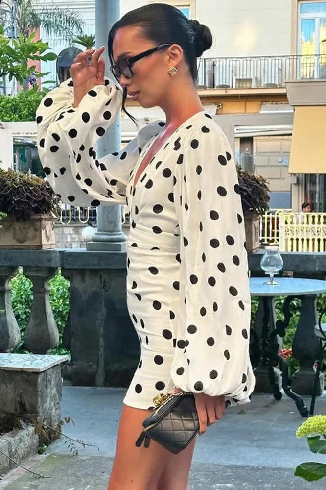 Polka Dot Long Sleeve Deep V Neck High Waist Mini Dress