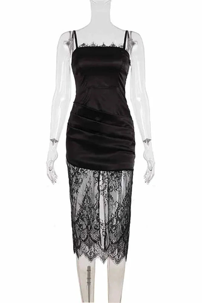 Lace See-Through Patchwork Backless Slim Midi Dress