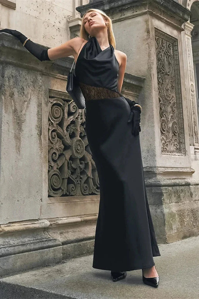 Lace See-Through V-Neck High Waist Slim Maxi Dress