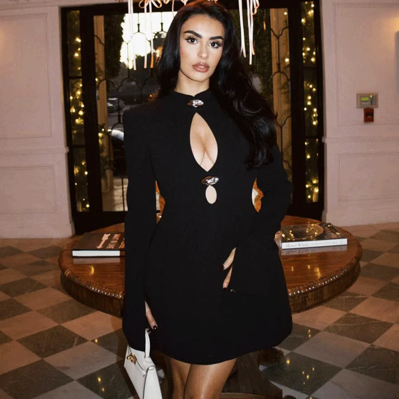 Elegant Hollow Out Patchwork High Waist Mini Dress