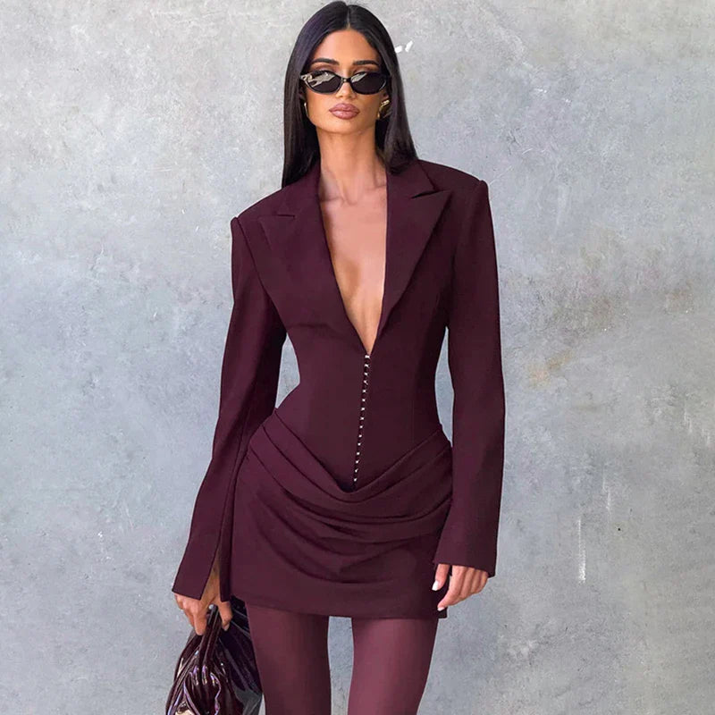 Deep V Neck Long Sleeve High Waist Mini Dress