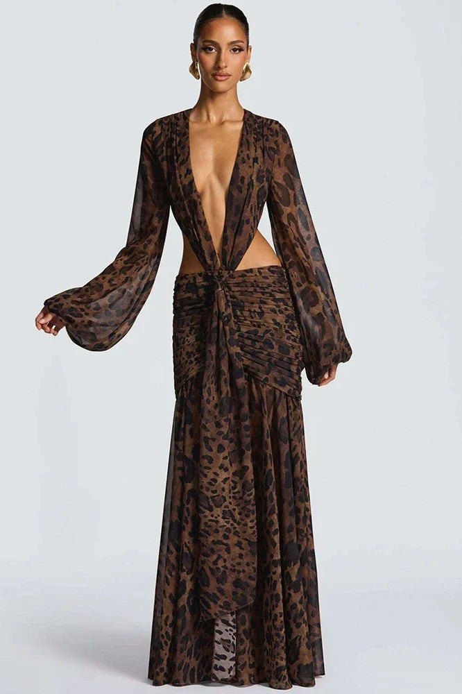 Hollow Out Printed Long Sleeve Backless Bodycon Maxi Dress