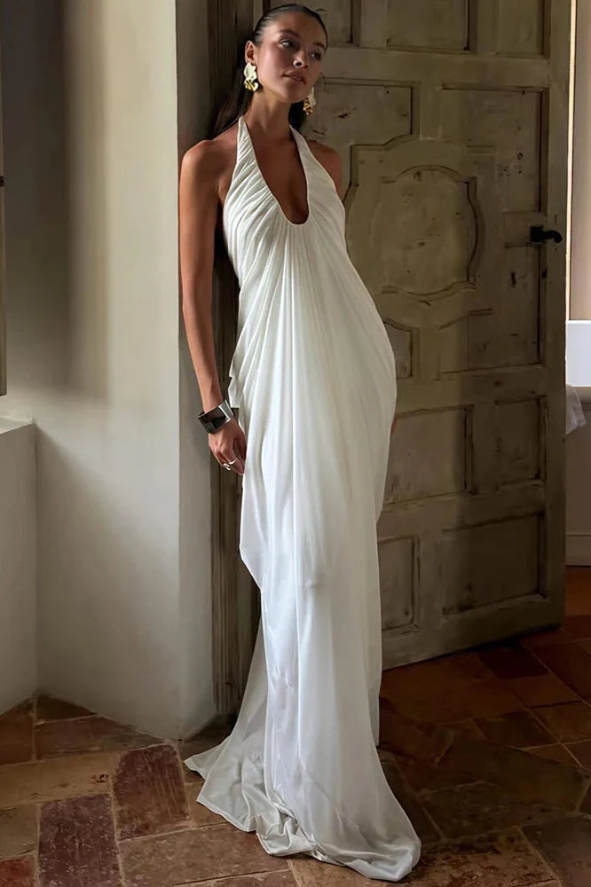 Elegant Backless V Neck Sleeveless Pleated Maxi Dress