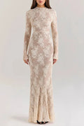 Hollow Out O-Neck Pleated Printed Lace Long Sleeve Slim Maxi Dress