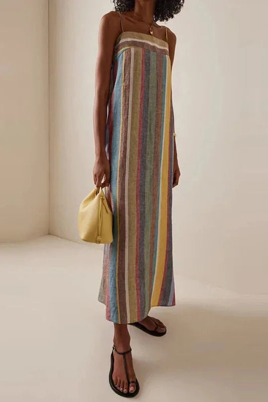 Striped Printed Backless Slash Neck Maxi Dress