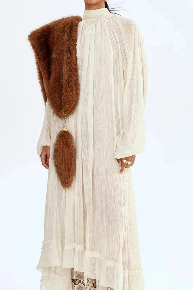 Elegant Pleated O-Neck Long Sleeve Loose Maxi Dress