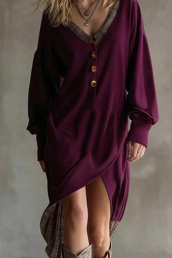 Long Sleeve V-Neck Button Split High Waist Irregular Midi Dress