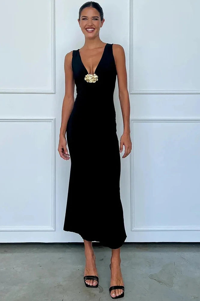 Elegant Deep V Neck Sleeveless Slim Fit Maxi Dress