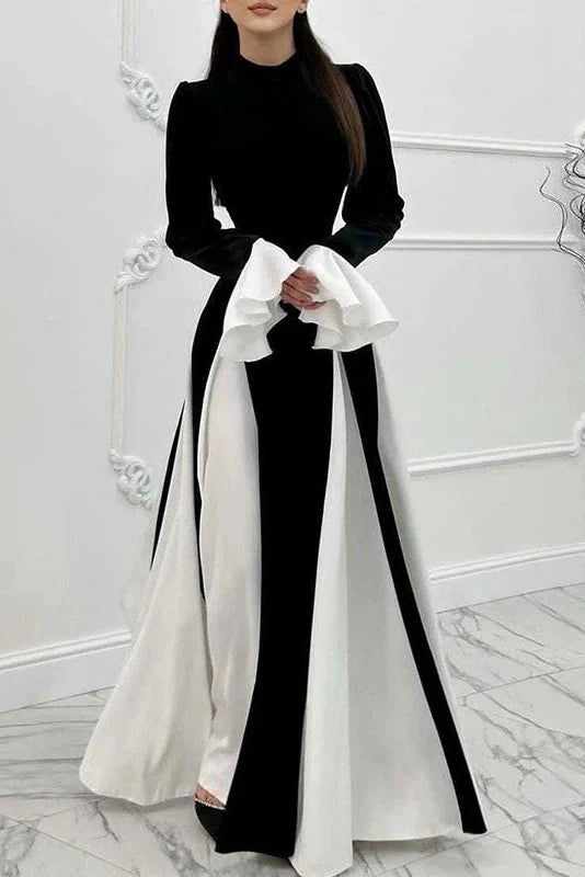Flared Sleeve Patchwork High Waist O Neck Maxi Dress