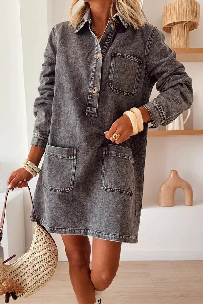 Elegant Long Sleeve Pocket High Waist Loose Printed Mini Dress