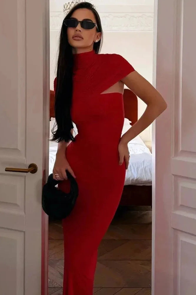Elegant Turtleneck Short Sleeve Maxi Dress