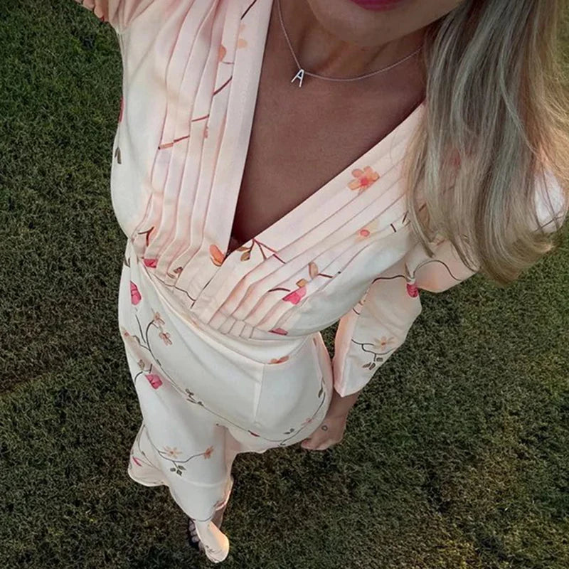 Print Pleated V-Neck Puff Sleeve Maxi Dress