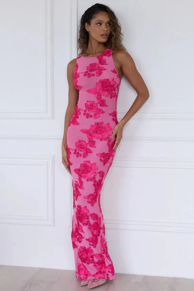Elegant Floral Print Embroidered Maxi Dress
